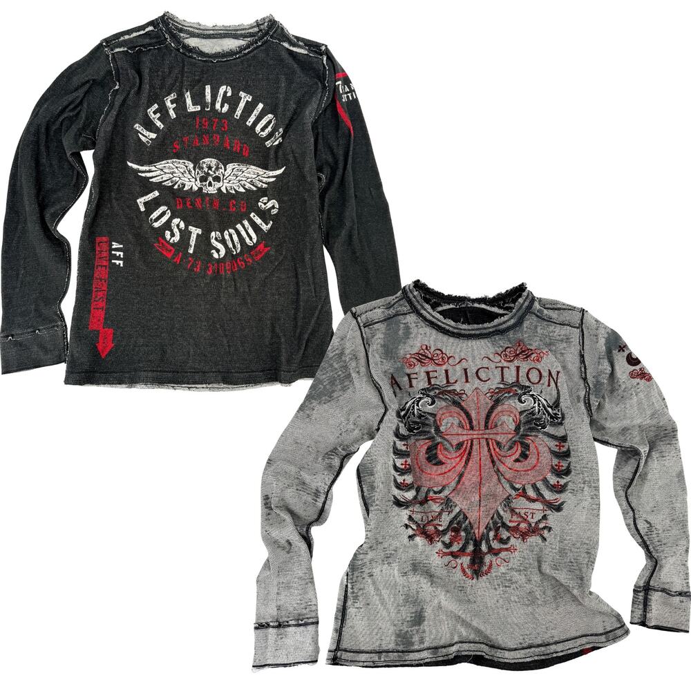 Affliction Reversible Waffle Thermal Shirt Mens Sz XL Skull Fleur De Lis Cotton
